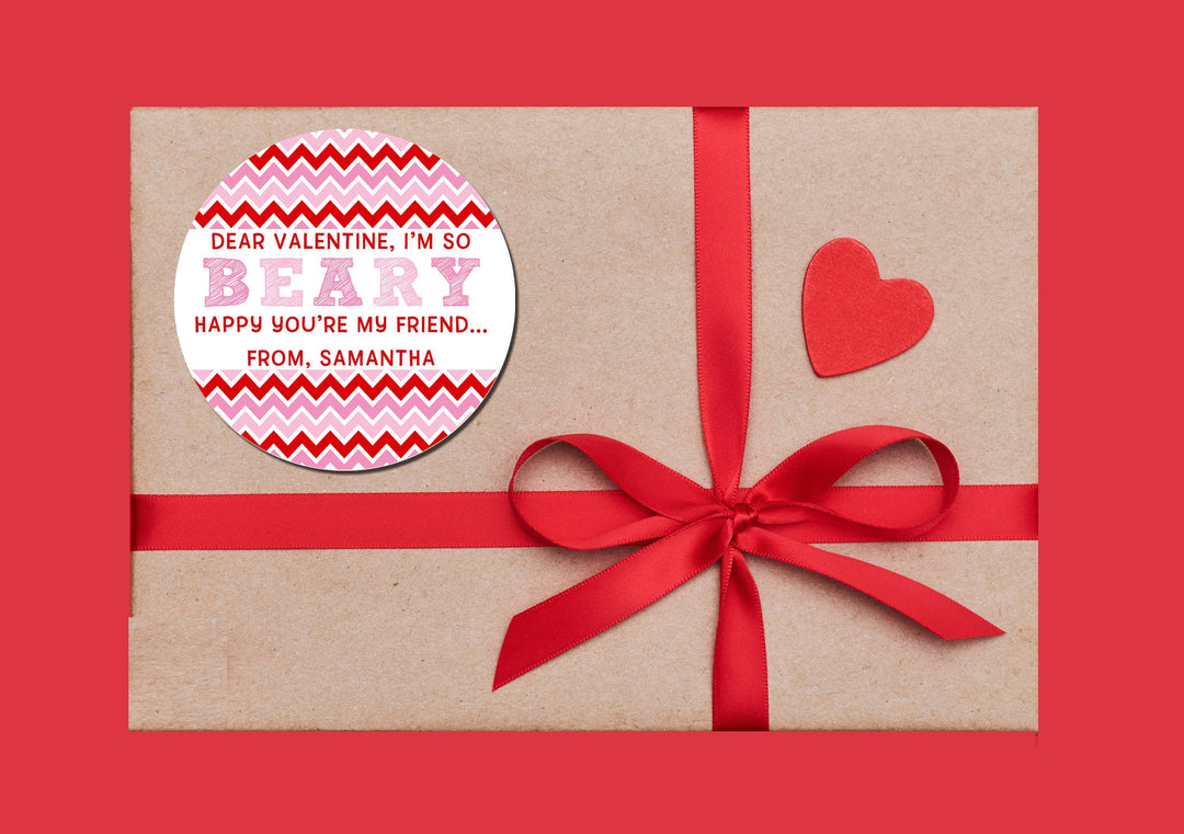 Valentine I'm BEARY Happy You're My Friend Valentine's Day Stickers - Personalized Valentine Sticker LabelsClassroom Valentines for School