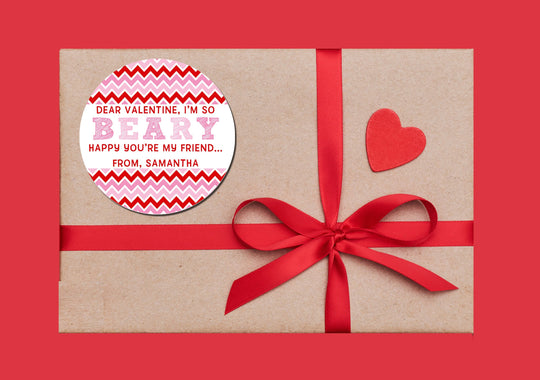 Valentine I'm BEARY Happy You're My Friend Valentine's Day Stickers - Personalized Valentine Sticker LabelsClassroom Valentines for School