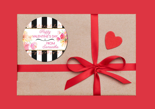 Heart, Watercolor Flowers & Black Stripes - Personalized Valentine Round Sticker Labels - Classroom Valentines for School