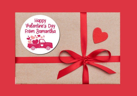 Pink Truck with Hearts Valentine's Day Stickers - Personalized Valentine Round Sticker Labels - Classroom Valentines for School