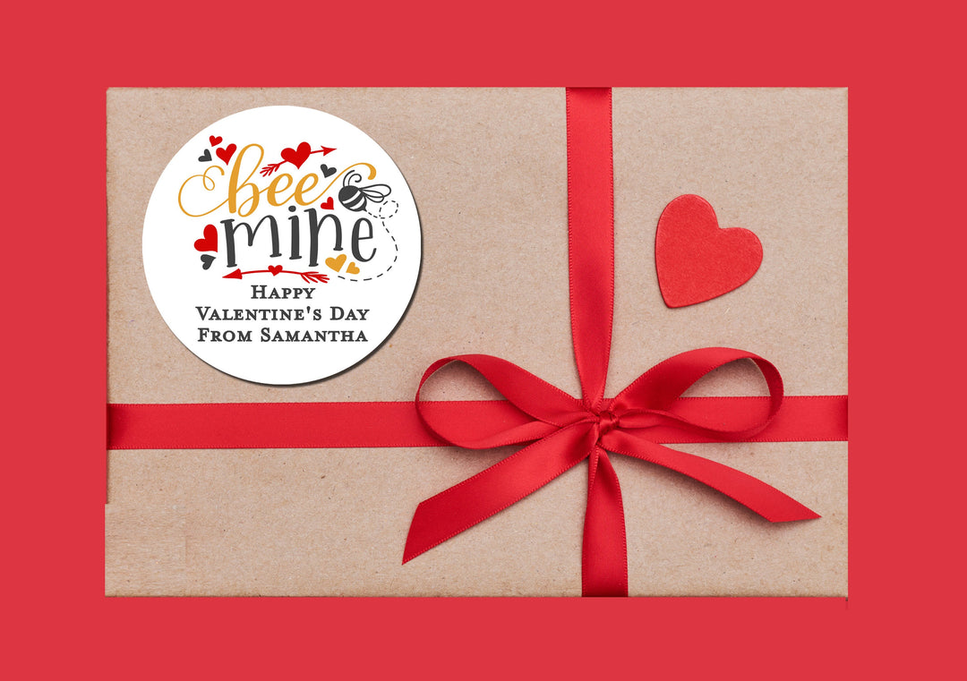 Bee Mine Valentine's Day Stickers - Personalized Valentine Round Sticker Labels - Classroom Valentines for School