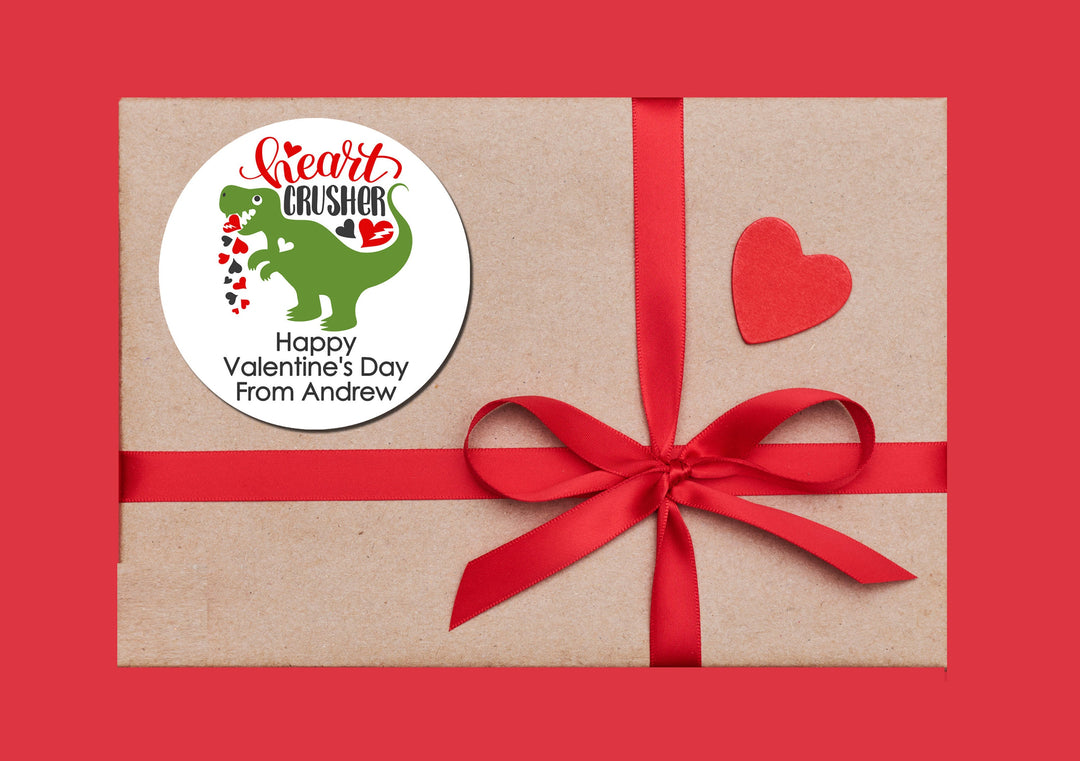 Heart Crusher Dinosaur Valentine's Day Stickers - Personalized Valentine Round Sticker Labels - Classroom Valentines for School