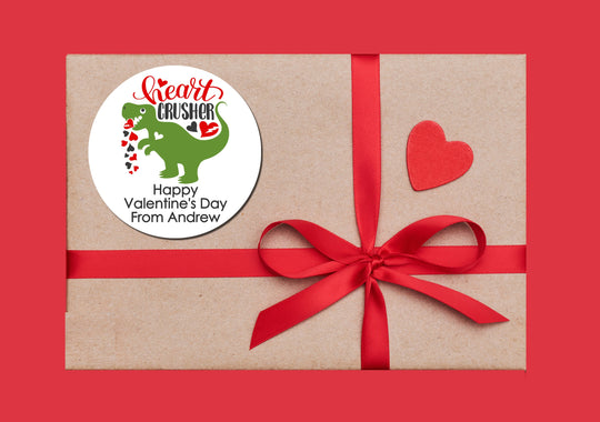 Heart Crusher Dinosaur Valentine's Day Stickers - Personalized Valentine Round Sticker Labels - Classroom Valentines for School