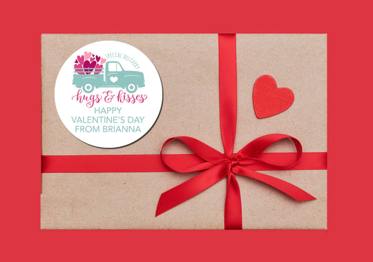 Hugs & Kisses Pastel Truck Valentine's Day Stickers - Personalized Valentine Round Sticker Labels - Classroom Valentines for School