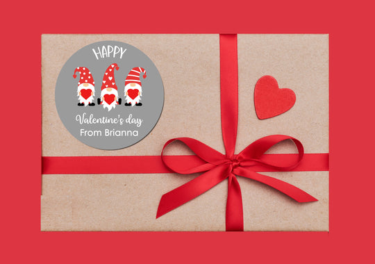 Gnome Trio Valentine's Day Stickers - Personalized Valentine Round Sticker Labels - Classroom Valentines for School