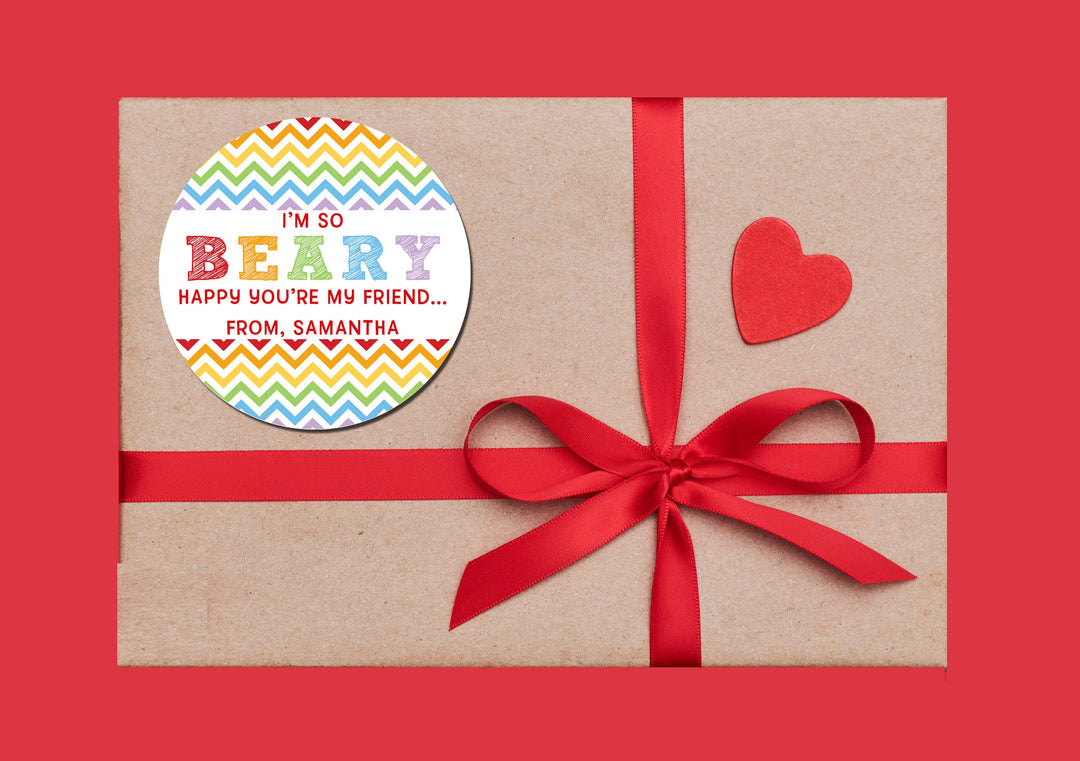 I'm BEARY Happy You're My Friend Valentine's Day Stickers - Personalized Valentine Round Sticker Labels - Classroom Valentines for School