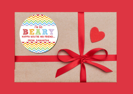 I'm BEARY Happy You're My Friend Valentine's Day Stickers - Personalized Valentine Round Sticker Labels - Classroom Valentines for School