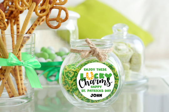 St. Patricks Day Stickers, Personalized Lucky Charms Round Stickers, St. Patrick's Day Classroom Stickers, Treat Bag Stickers
