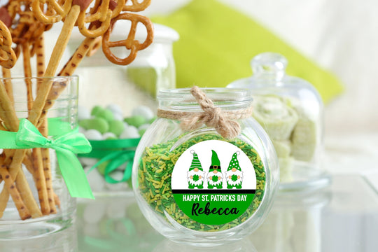 St. Patricks Day Stickers, Personalized Green Gnomes with Shamrock Round Stickers, St. Patrick's Day Classroom Stickers, Treat Bag Stickers