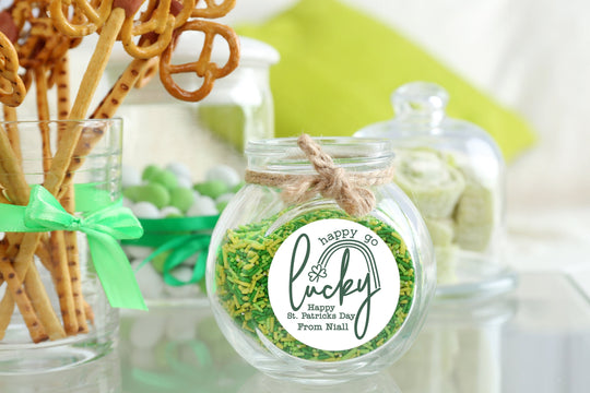 St. Patricks Day Stickers, Personalized Happy go lucky Shamrock Round Stickers, St. Patrick's Day Classroom Stickers, Treat Bag Stickers