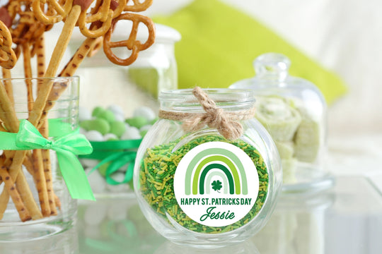 St. Patricks Day Stickers, Personalized Green Rainbow Shamrock Round Stickers, St. Patrick's Day Classroom Stickers, Treat Bag Stickers