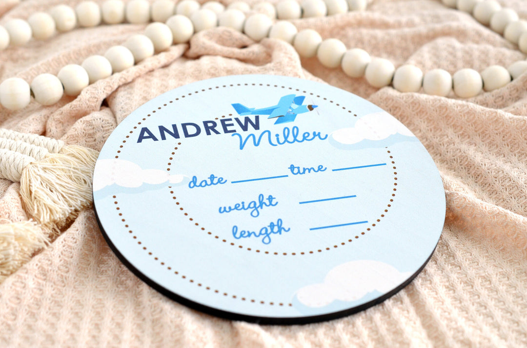 Airplane Birth Announcement Sign for Hospital, Personalized Baby Sign with Birth Stat, Wooden Hospital Announcement Baby Name Sign