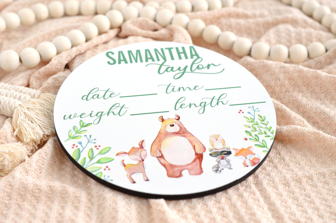 Woodland Creatures Birth Announcement Sign for Hospital, Personalized Baby Sign with Birth Stats, Wooden Hospital Announcement Baby Name