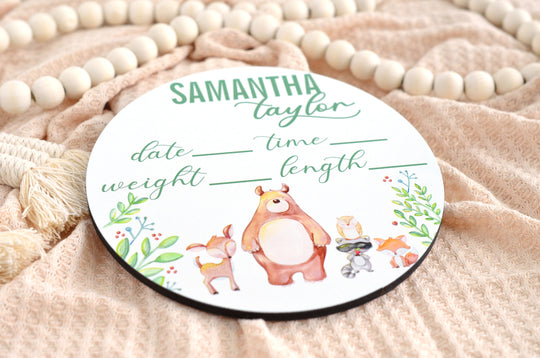 Woodland Creatures Birth Announcement Sign for Hospital, Personalized Baby Sign with Birth Stats, Wooden Hospital Announcement Baby Name