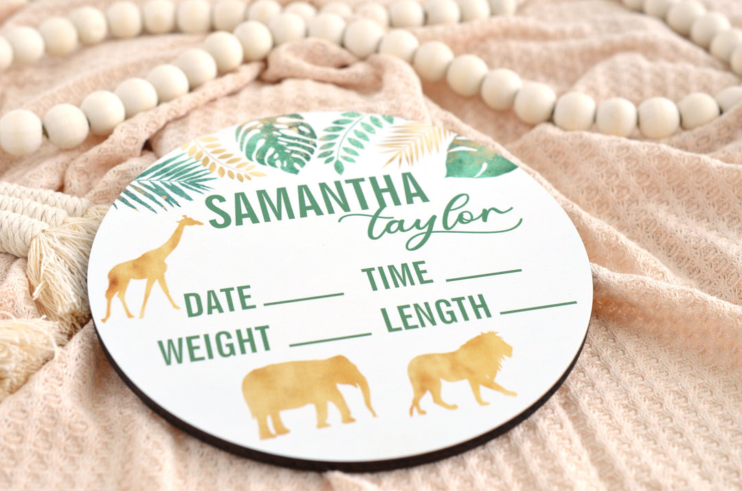 Jungle Safari Party Birth Announcement Sign for Hospital, Personalized Baby Sign with Birth Stats, Wooden Hospital Announcement Baby Name
