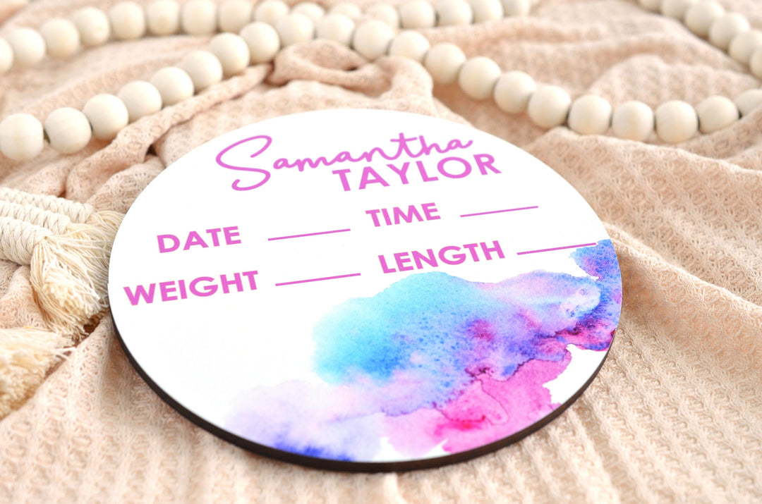 Watercolor Pink Birth Announcement Sign for Hospital, Personalized Baby Sign with Birth Stat, Wooden Hospital Announcement Baby Name Sign