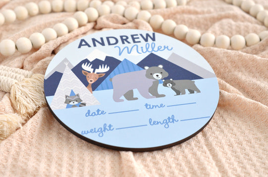 Mountain Trail Birth Announcement Sign for Hospital, Personalized Baby Sign with Birth Stat, Wooden Hospital Announcement Baby Name Sign