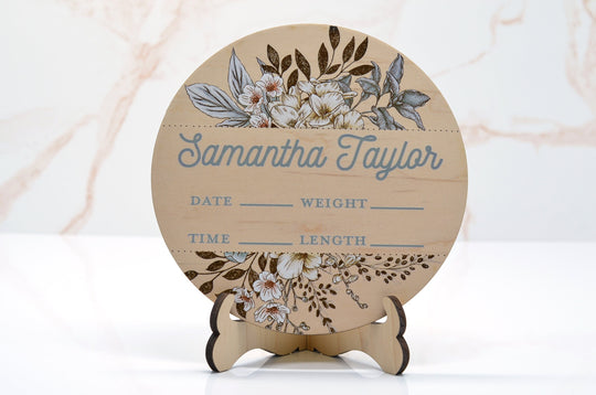 Botanical Floral Birth Announcement Sign for Hospital, Personalized Baby Sign with Birth Stat, Wooden Hospital Announcement Baby Name Sign