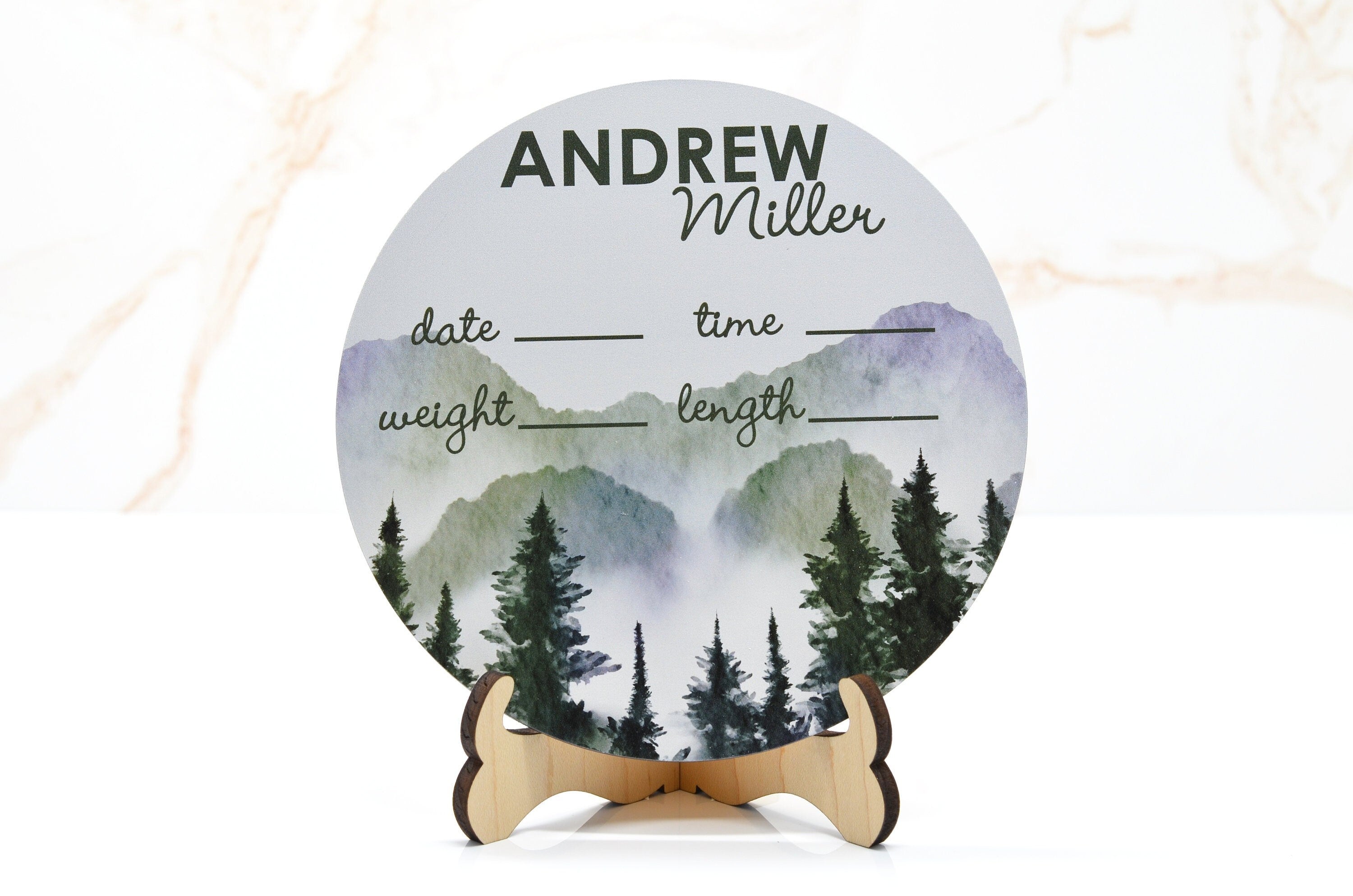Watercolor Mountain Birth Announcement Sign for Hospital, Personalized Baby Sign with Birth Stats, Wooden Hospital Announcement Baby Name