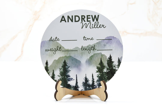 Watercolor Mountain Birth Announcement Sign for Hospital, Personalized Baby Sign with Birth Stats, Wooden Hospital Announcement Baby Name