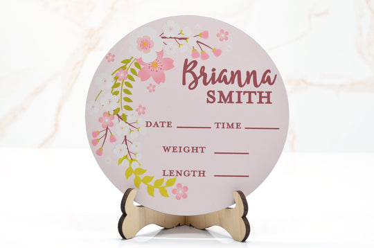 Cherry Blossom Birth Announcement Sign for Hospital, Personalized Baby Sign with Birth Stat, Wooden Hospital Announcement Baby Name Sign