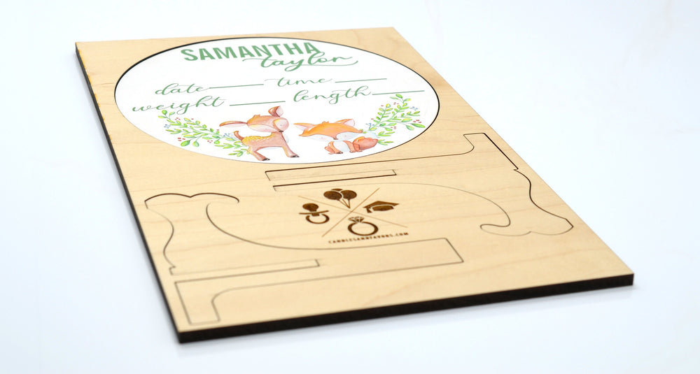 Deer & Fox Birth Announcement Sign for Hospital, Personalized Baby Sign with Birth Stat, Wooden Hospital Announcement Baby Name Sign