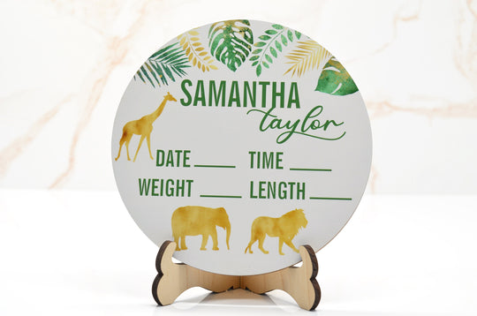 Jungle Safari Party Birth Announcement Sign for Hospital, Personalized Baby Sign with Birth Stats, Wooden Hospital Announcement Baby Name
