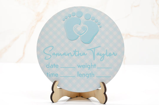 Pitter Patter Blue Birth Announcement Sign for Hospital, Personalized Baby Sign with Birth Stats, Wooden Hospital Announcement Baby Name