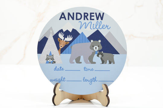 Mountain Trail Birth Announcement Sign for Hospital, Personalized Baby Sign with Birth Stat, Wooden Hospital Announcement Baby Name Sign
