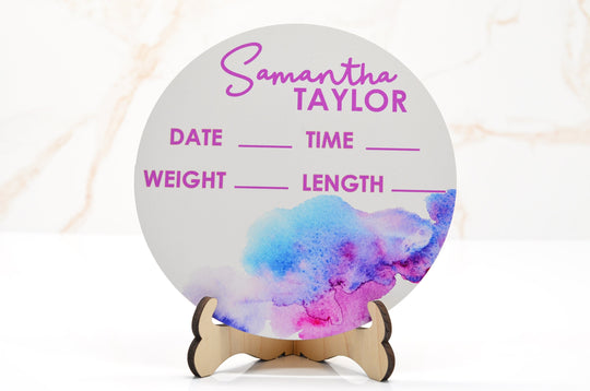 Watercolor Pink Birth Announcement Sign for Hospital, Personalized Baby Sign with Birth Stat, Wooden Hospital Announcement Baby Name Sign