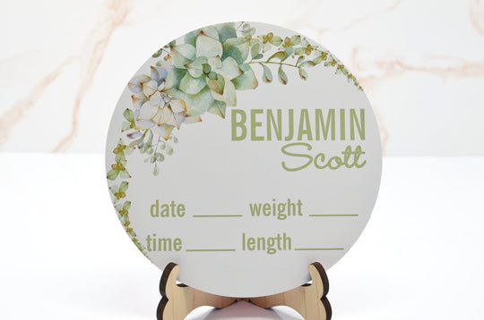 Succulent Flowers Birth Announcement Sign for Hospital, Personalized Baby Sign with Birth Stats, Wooden Hospital Announcement Baby Name