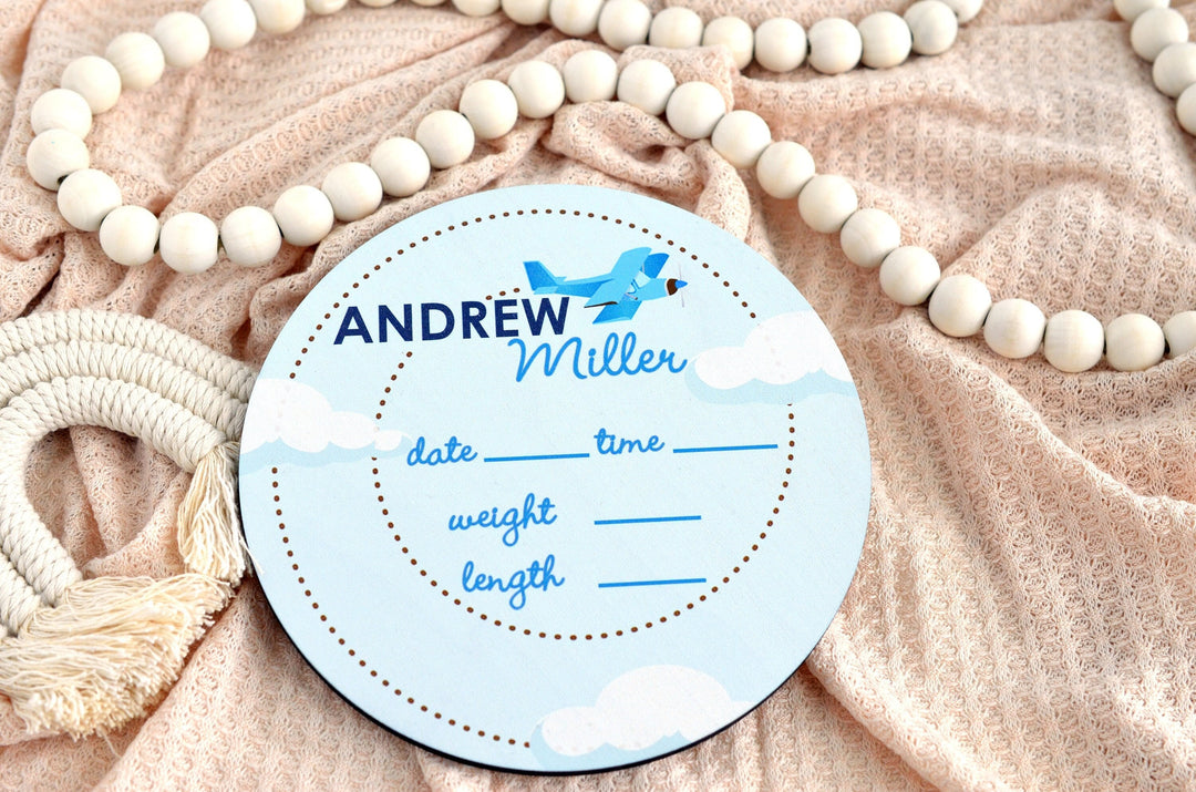 Airplane Birth Announcement Sign for Hospital, Personalized Baby Sign with Birth Stat, Wooden Hospital Announcement Baby Name Sign