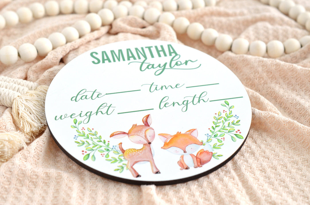 Deer & Fox Birth Announcement Sign for Hospital, Personalized Baby Sign with Birth Stat, Wooden Hospital Announcement Baby Name Sign