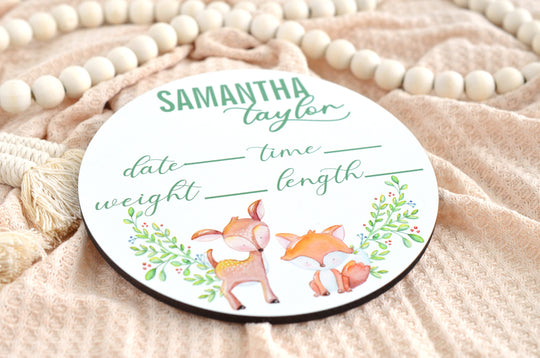 Deer & Fox Birth Announcement Sign for Hospital, Personalized Baby Sign with Birth Stat, Wooden Hospital Announcement Baby Name Sign