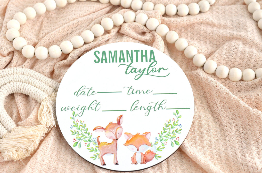 Deer & Fox Birth Announcement Sign for Hospital, Personalized Baby Sign with Birth Stat, Wooden Hospital Announcement Baby Name Sign