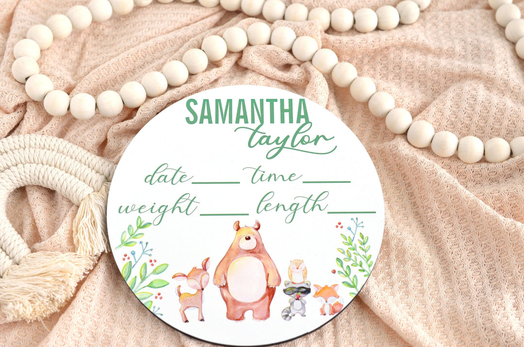 Woodland Creatures Birth Announcement Sign for Hospital, Personalized Baby Sign with Birth Stats, Wooden Hospital Announcement Baby Name