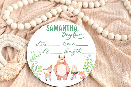 Woodland Creatures Birth Announcement Sign for Hospital, Personalized Baby Sign with Birth Stats, Wooden Hospital Announcement Baby Name