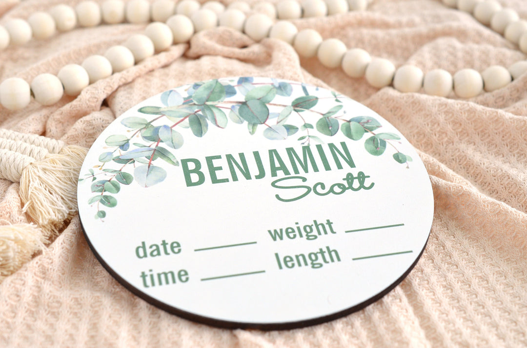 Greenery flowers Birth Announcement Sign for Hospital, Personalized Baby Sign with Birth Stats, Wooden Hospital Announcement Baby Name