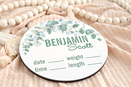 Greenery flowers Birth Announcement Sign for Hospital, Personalized Baby Sign with Birth Stats, Wooden Hospital Announcement Baby Name