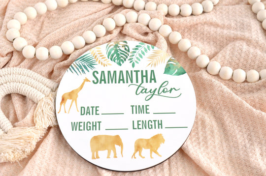 Jungle Safari Party Birth Announcement Sign for Hospital, Personalized Baby Sign with Birth Stats, Wooden Hospital Announcement Baby Name
