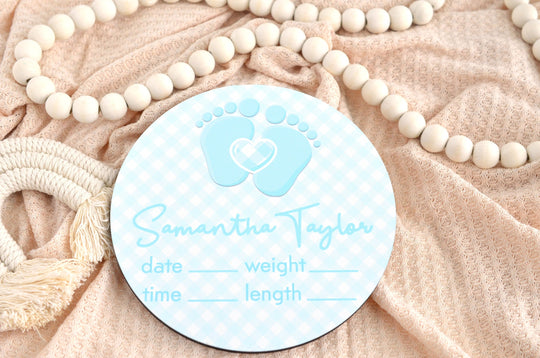 Pitter Patter Blue Birth Announcement Sign for Hospital, Personalized Baby Sign with Birth Stats, Wooden Hospital Announcement Baby Name