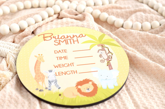 Jungle Safari Birth Announcement Sign for Hospital, Personalized Baby Sign with Birth Stats, Wooden Hospital Announcement Baby Name Sign