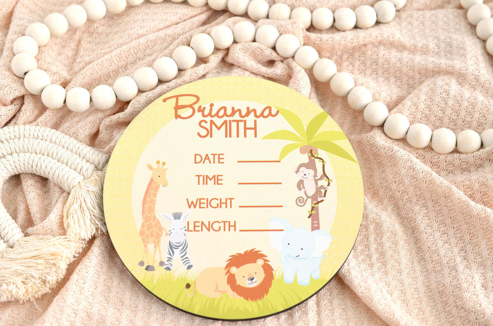 Jungle Safari Birth Announcement Sign for Hospital, Personalized Baby Sign with Birth Stats, Wooden Hospital Announcement Baby Name Sign