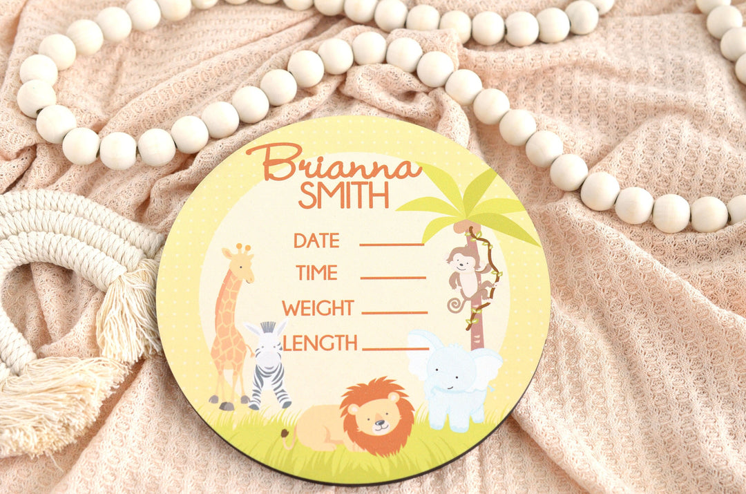 Jungle Safari Birth Announcement Sign for Hospital, Personalized Baby Sign with Birth Stats, Wooden Hospital Announcement Baby Name Sign