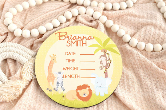 Jungle Safari Birth Announcement Sign for Hospital, Personalized Baby Sign with Birth Stats, Wooden Hospital Announcement Baby Name Sign