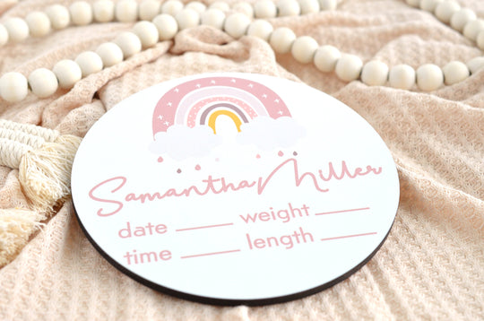 Boho Rainbow Birth Announcement Sign for Hospital, Personalized Baby Sign with Birth Stat, Wooden Hospital Announcement Baby Name Sign