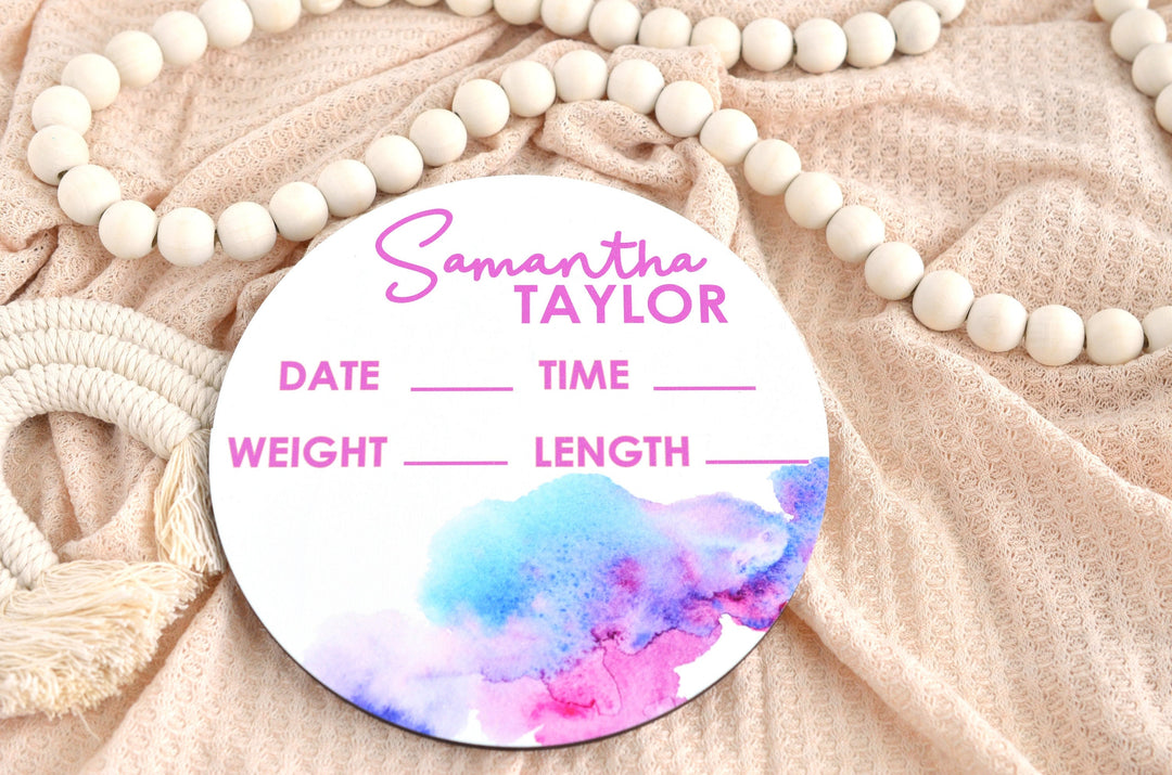 Watercolor Pink Birth Announcement Sign for Hospital, Personalized Baby Sign with Birth Stat, Wooden Hospital Announcement Baby Name Sign
