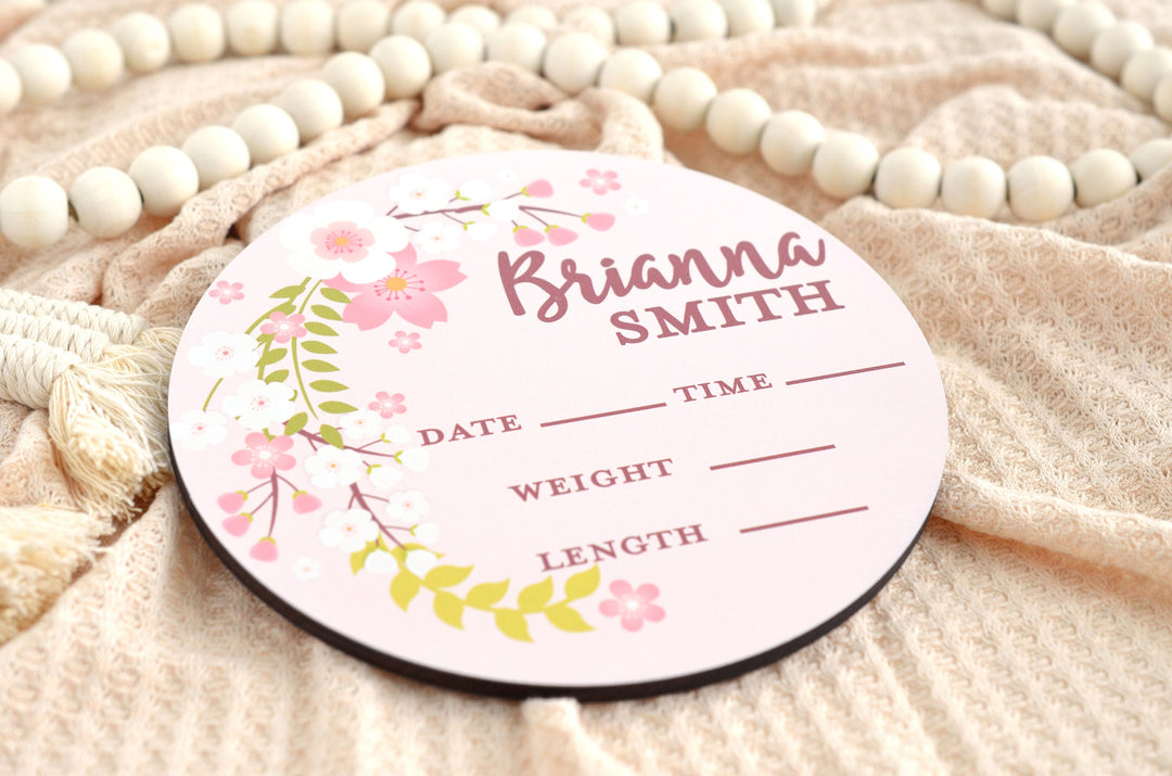 Cherry Blossom Birth Announcement Sign for Hospital, Personalized Baby Sign with Birth Stat, Wooden Hospital Announcement Baby Name Sign