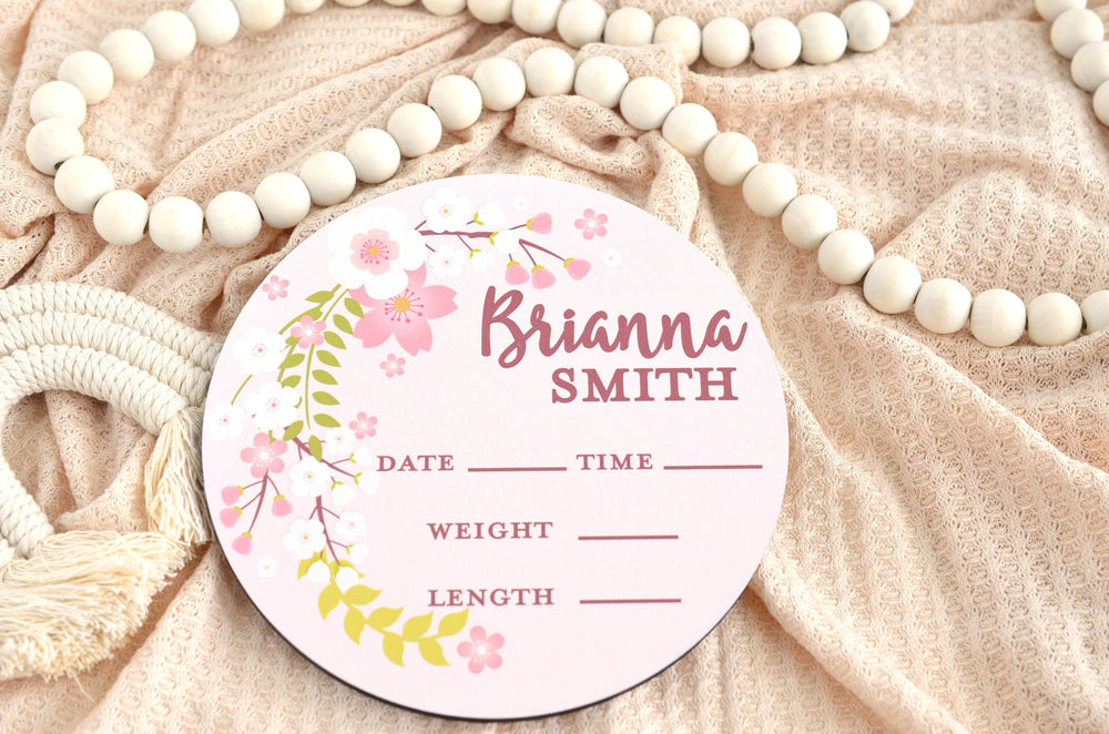Cherry Blossom Birth Announcement Sign for Hospital, Personalized Baby Sign with Birth Stat, Wooden Hospital Announcement Baby Name Sign