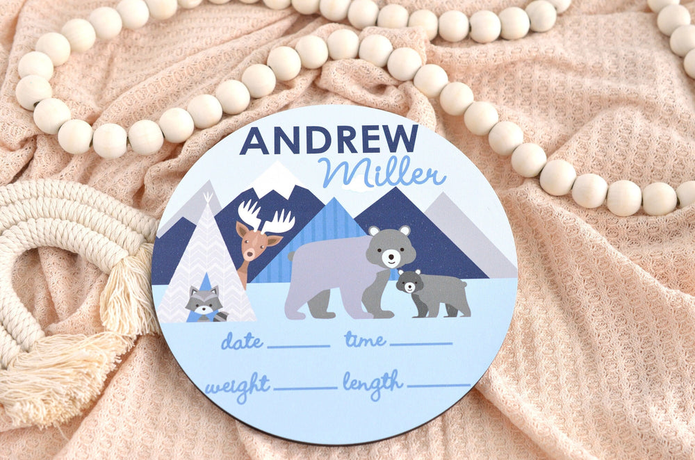 Mountain Trail Birth Announcement Sign for Hospital, Personalized Baby Sign with Birth Stat, Wooden Hospital Announcement Baby Name Sign